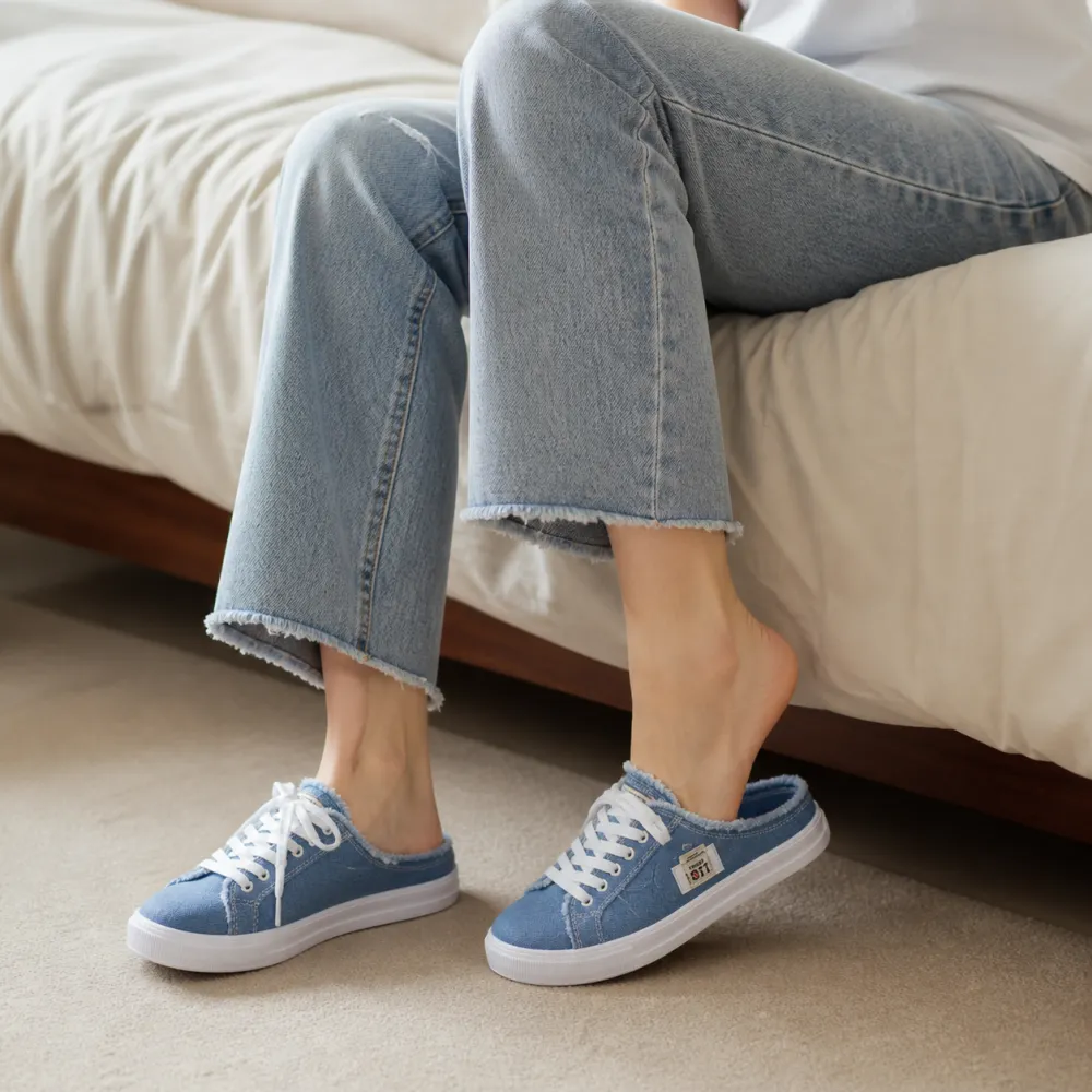 Frayed Denim Slip On Sneakers
