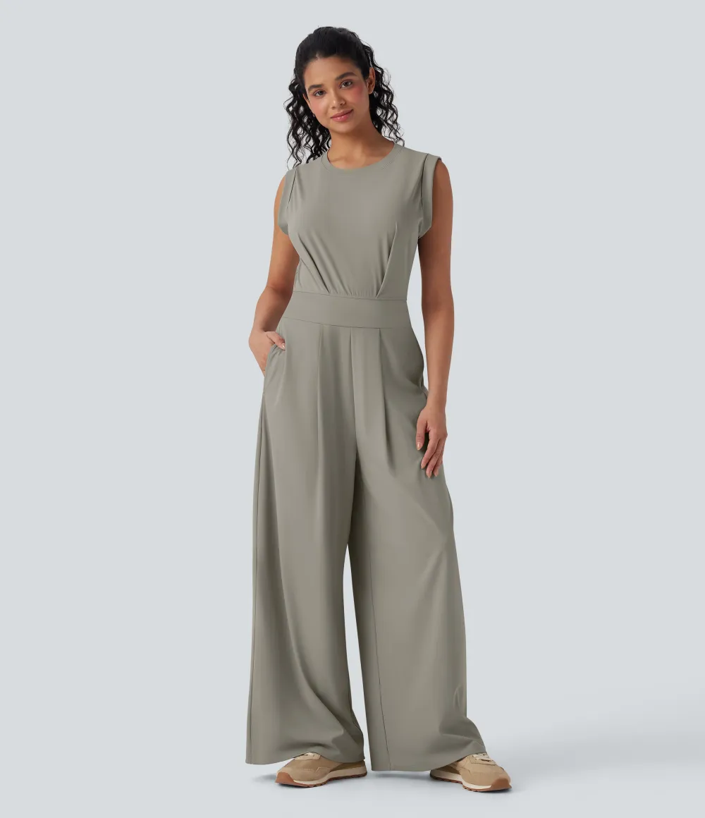 SoftlyZero QuickDry Round Neck Sleeveless Keyhole Pocket Yoga Jumpsuit-Easy Peezy Edition