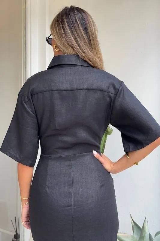 Black Ruched Midi Dress