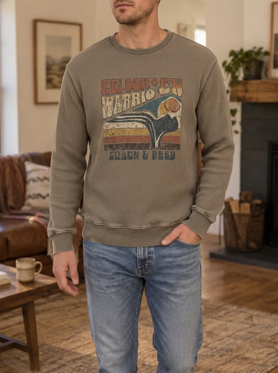 Men's Beach Warrior Vintage Sunset Printed Waffle Knit Sweatshirt