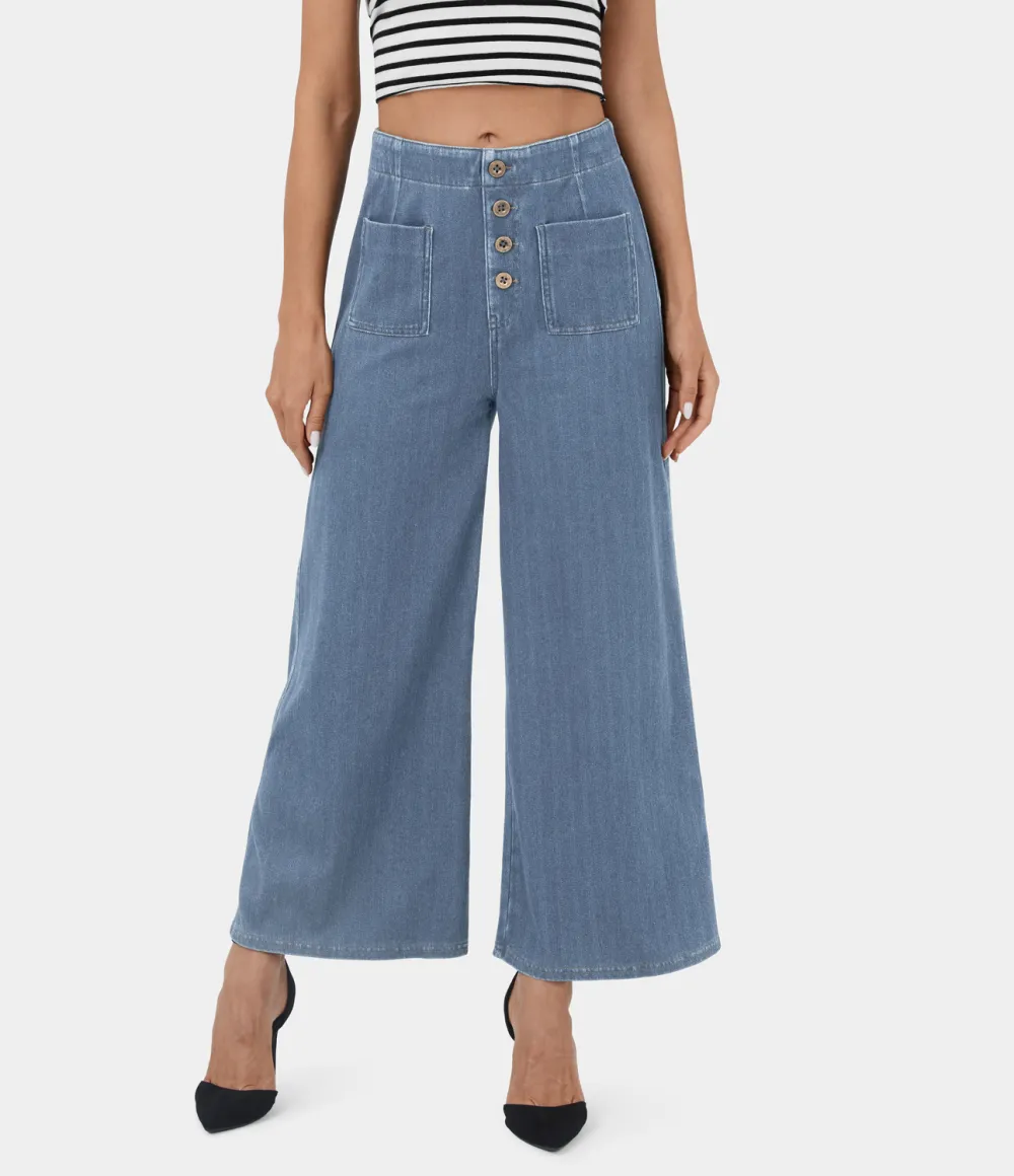 Magic High Waisted Button Pockets Washed Stretchy Knit Casual Wide Leg Jeans