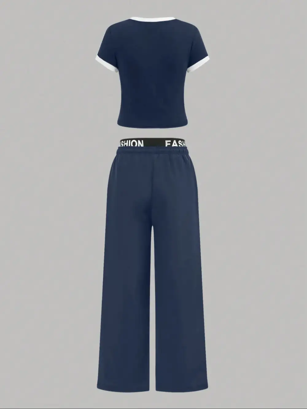Hot-girl Style Contrast Binding Short Top and Letter Tape Wide Leg Pants, Women's Black & White Two-piece Set