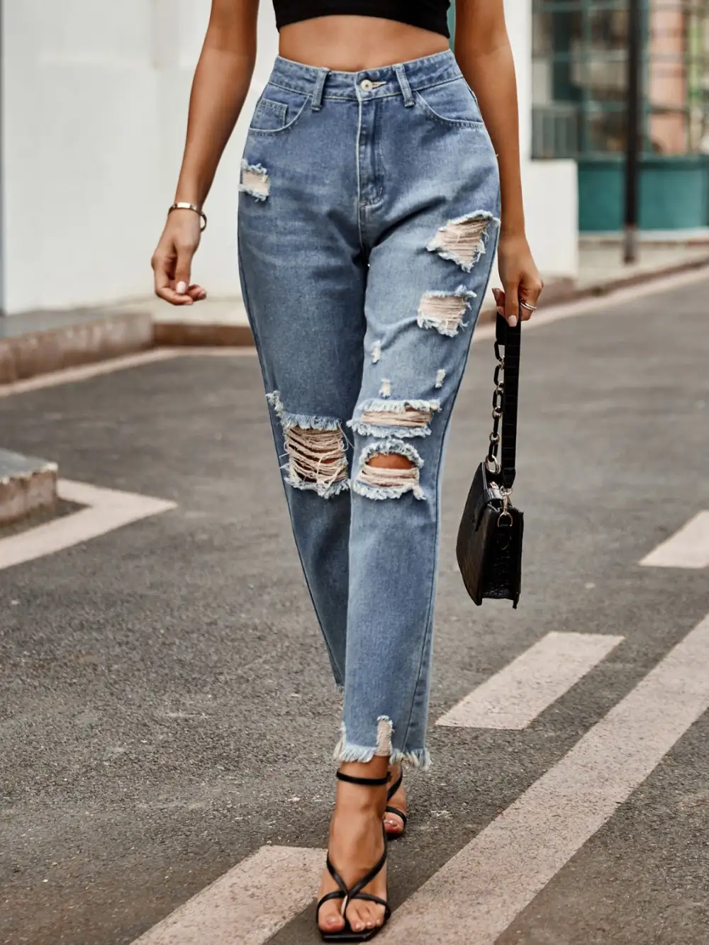 Distressed Raw Hem Pocket Denim Jeans
