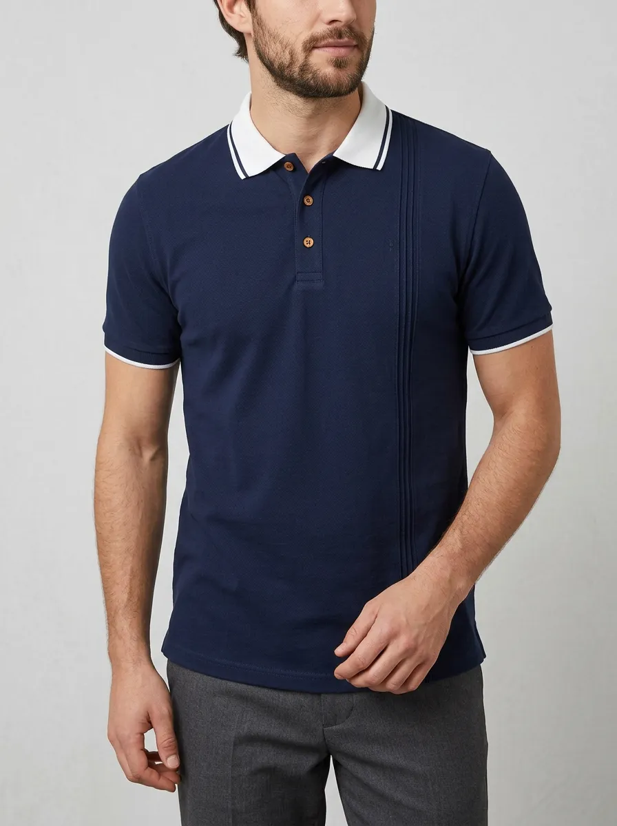 Men's Navy Blue Vertical Pleated Contrast Collar Polo Shirt