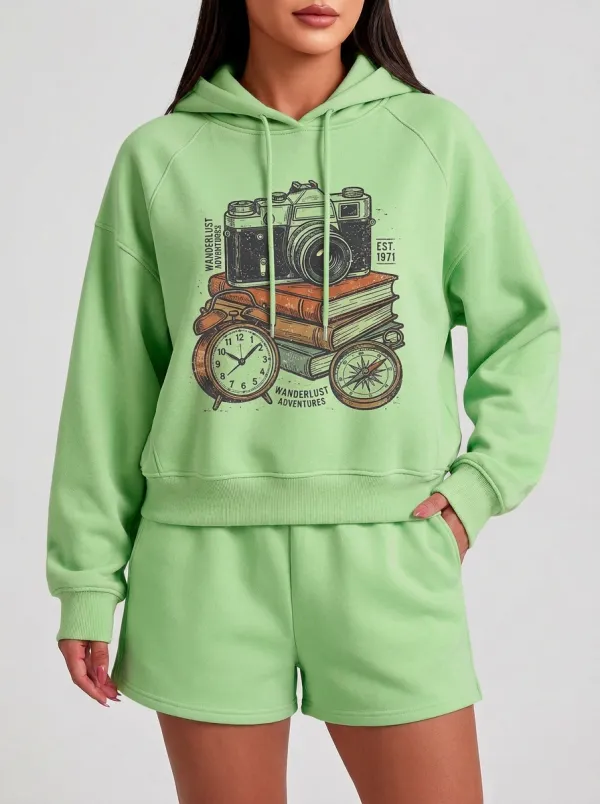 Women's Travel-Inspired Camera Books Clock Compass Printed Hoodie