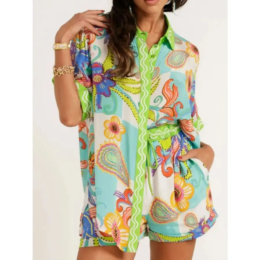 Lightweight Printed Button Up Shirt and Shorts Set