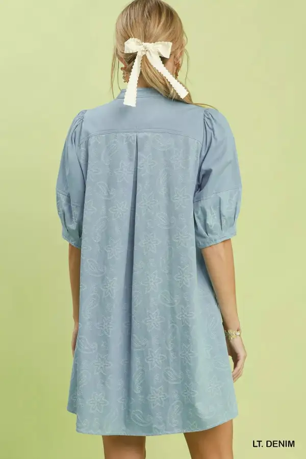 V-Neck Denim Contrast Stitching Pocketed Dress