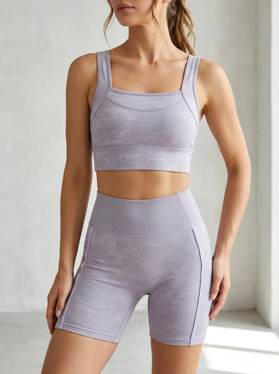Dynamic Camo Pattern Activewear Women's Tank Top And Sports Shorts Set