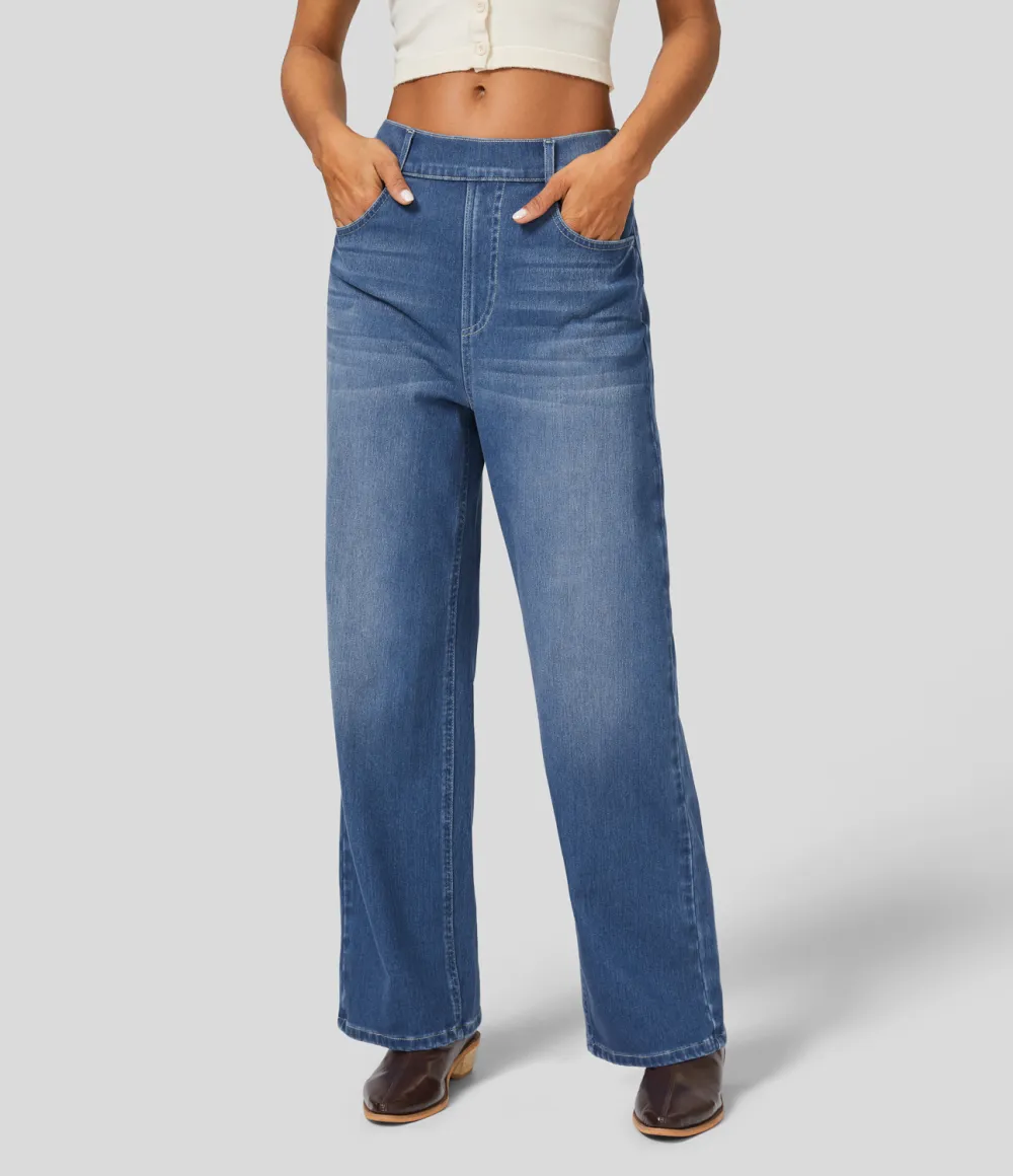 Magic High Waisted Multiple Pockets Washed Stretchy Knit Casual Boyfriend Jeans