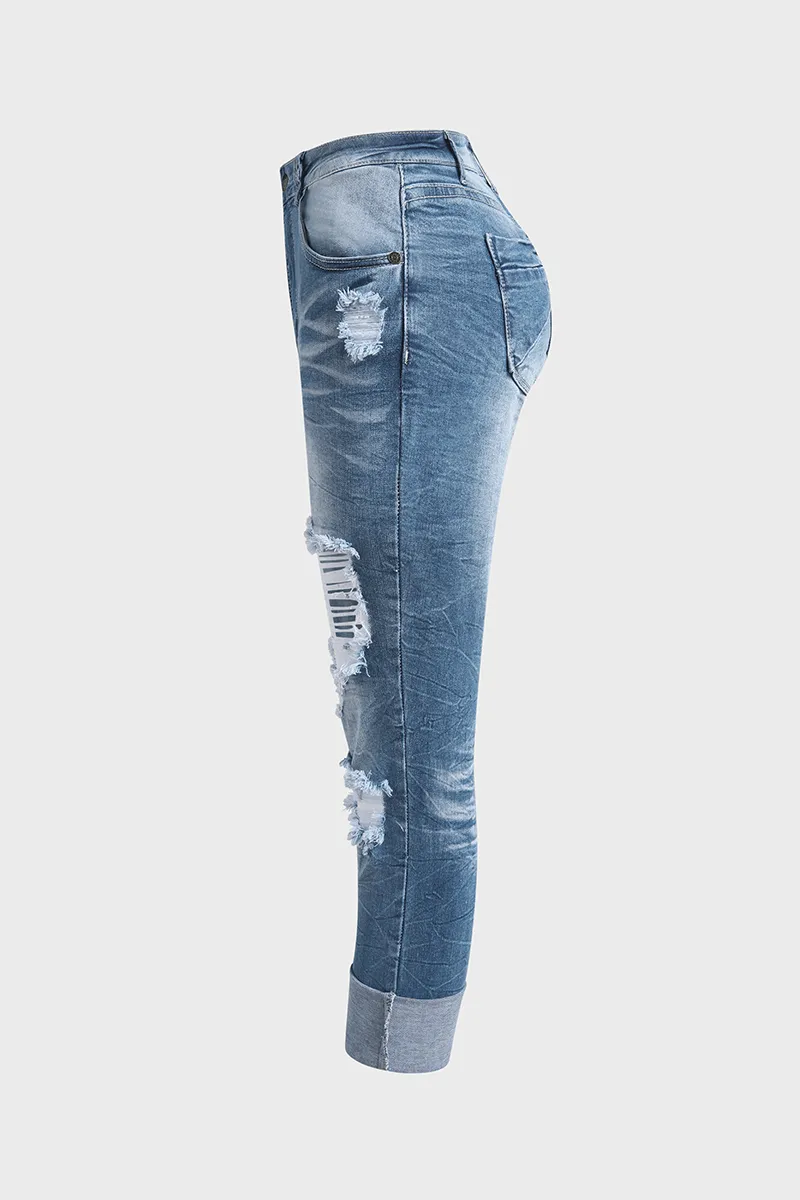 Distressed Roll Hem Zip Fly Low Waist Capris Jeans