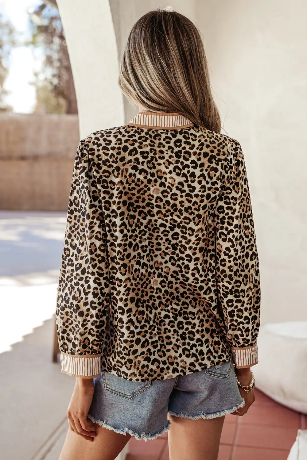 Women's Striped Leopard Print V Neck Blouse