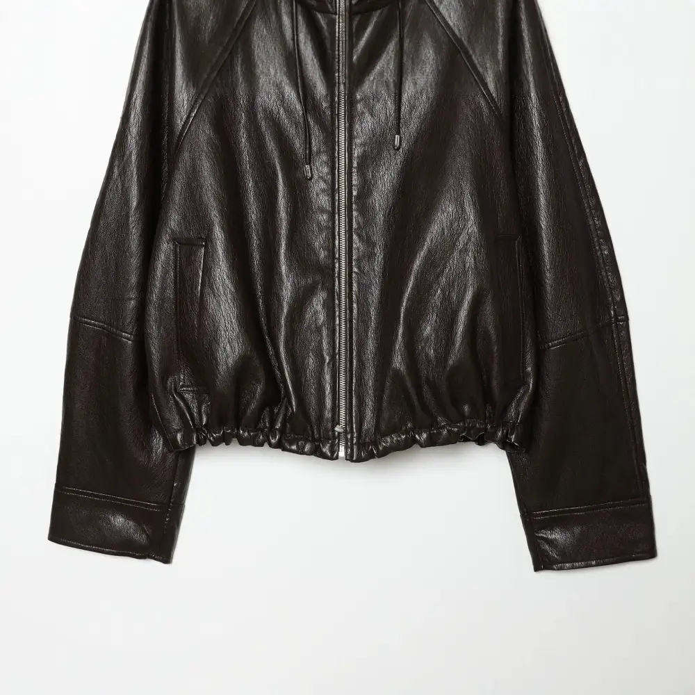 Faux Leather Hooded Zip Front Elastic Hem Bomber Jacket