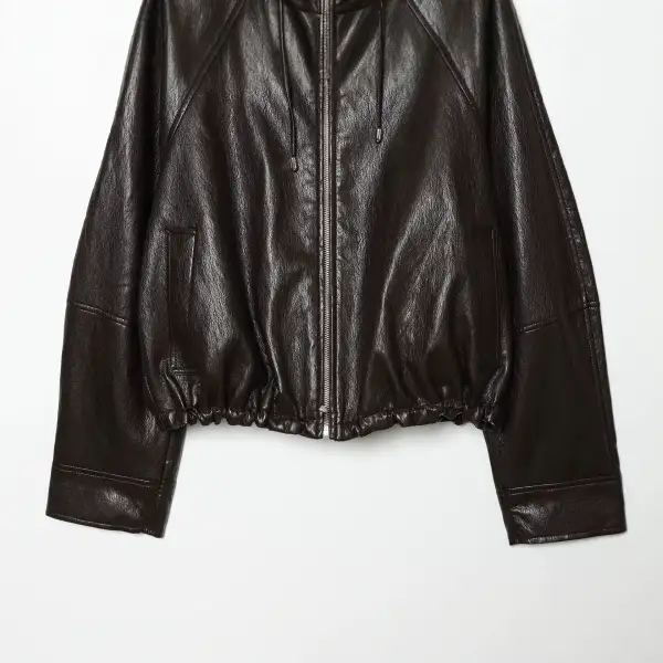 Faux Leather Hooded Zip Front Elastic Hem Bomber Jacket