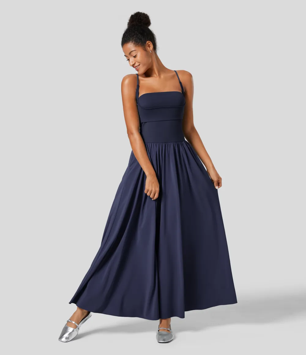 Breezeful Backless Side Pocket Plicated Flowy Flare Maxi Quick Dry Casual Slip Dress