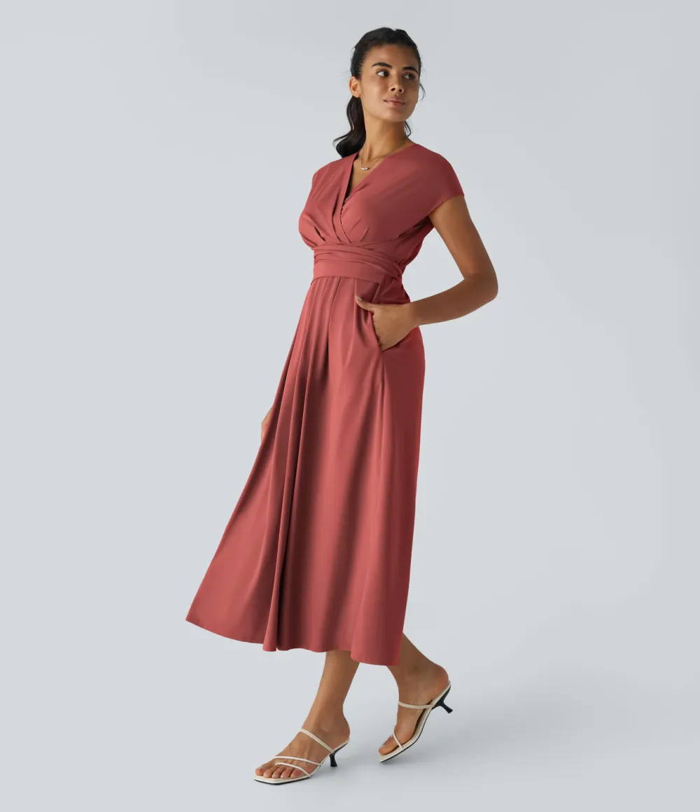 Breezeful V Neck Short Sleeve Side Pocket Tie Back Quick Dry Midi Casual Dress
