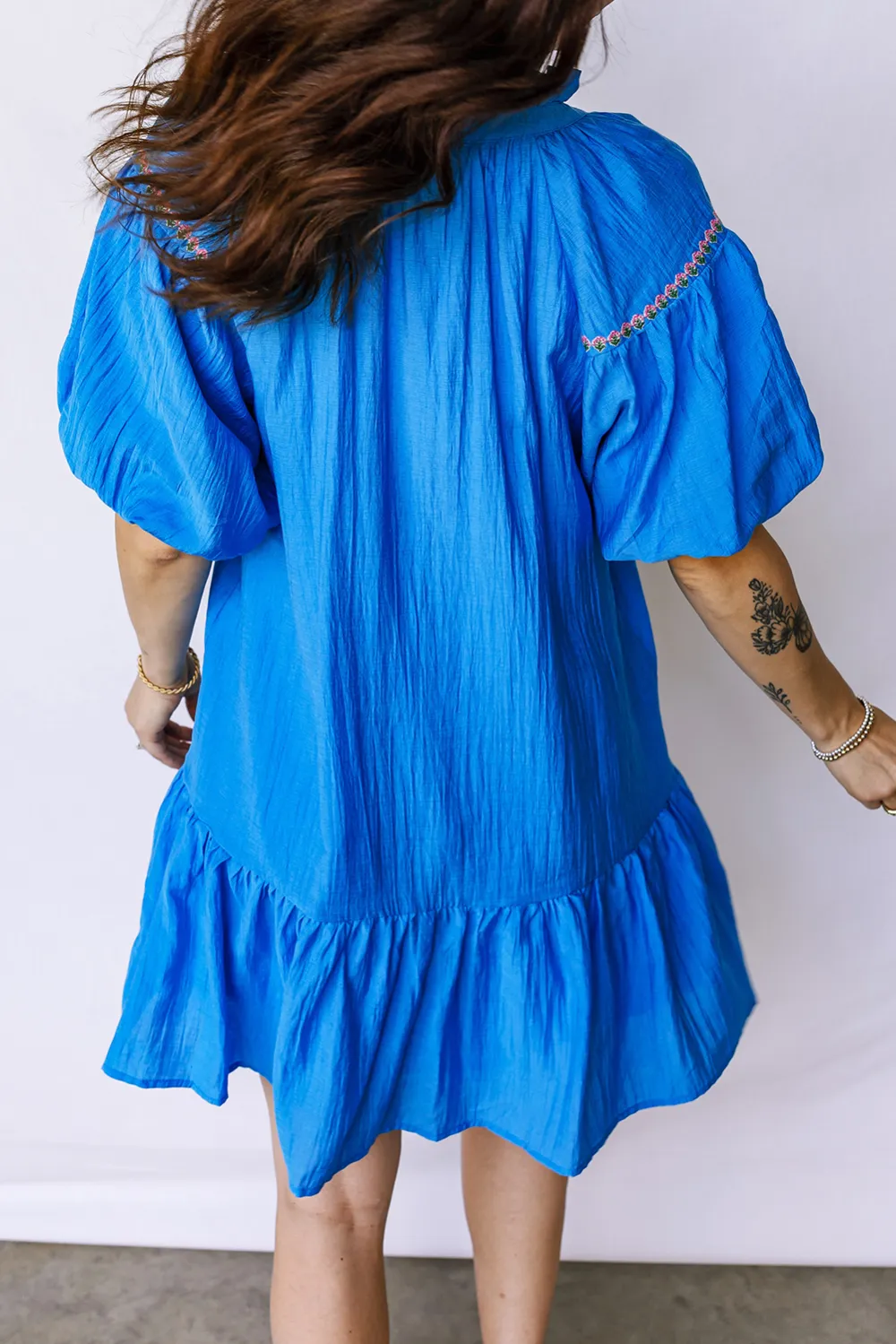 Blue Embroidered Ruffle Hem Dress