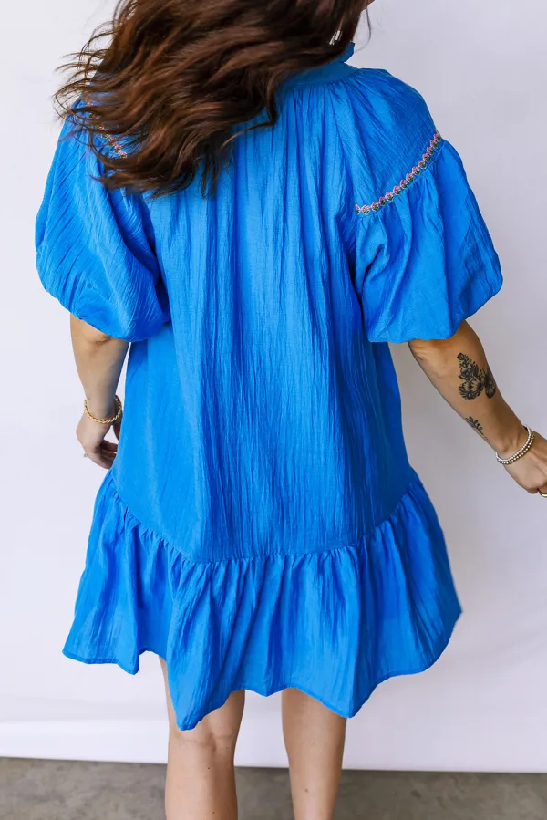 Blue Embroidered Ruffle Hem Dress
