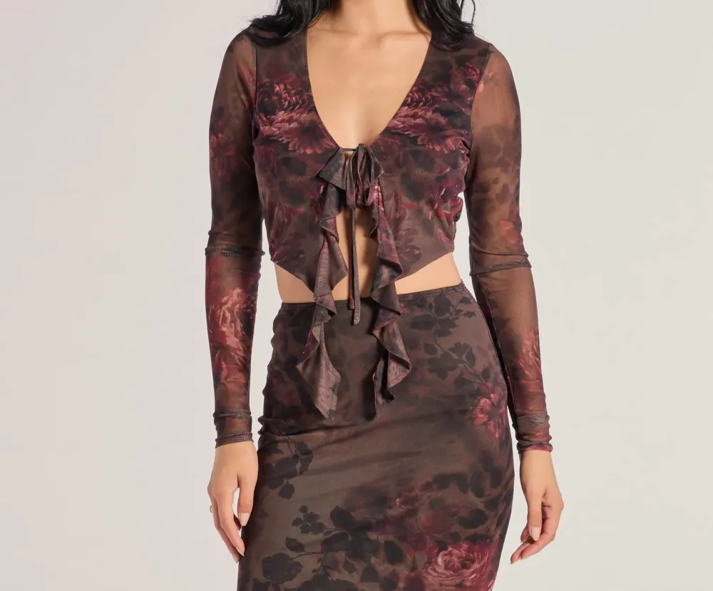 Brown Abstract Print Tie-Front Cropped Top