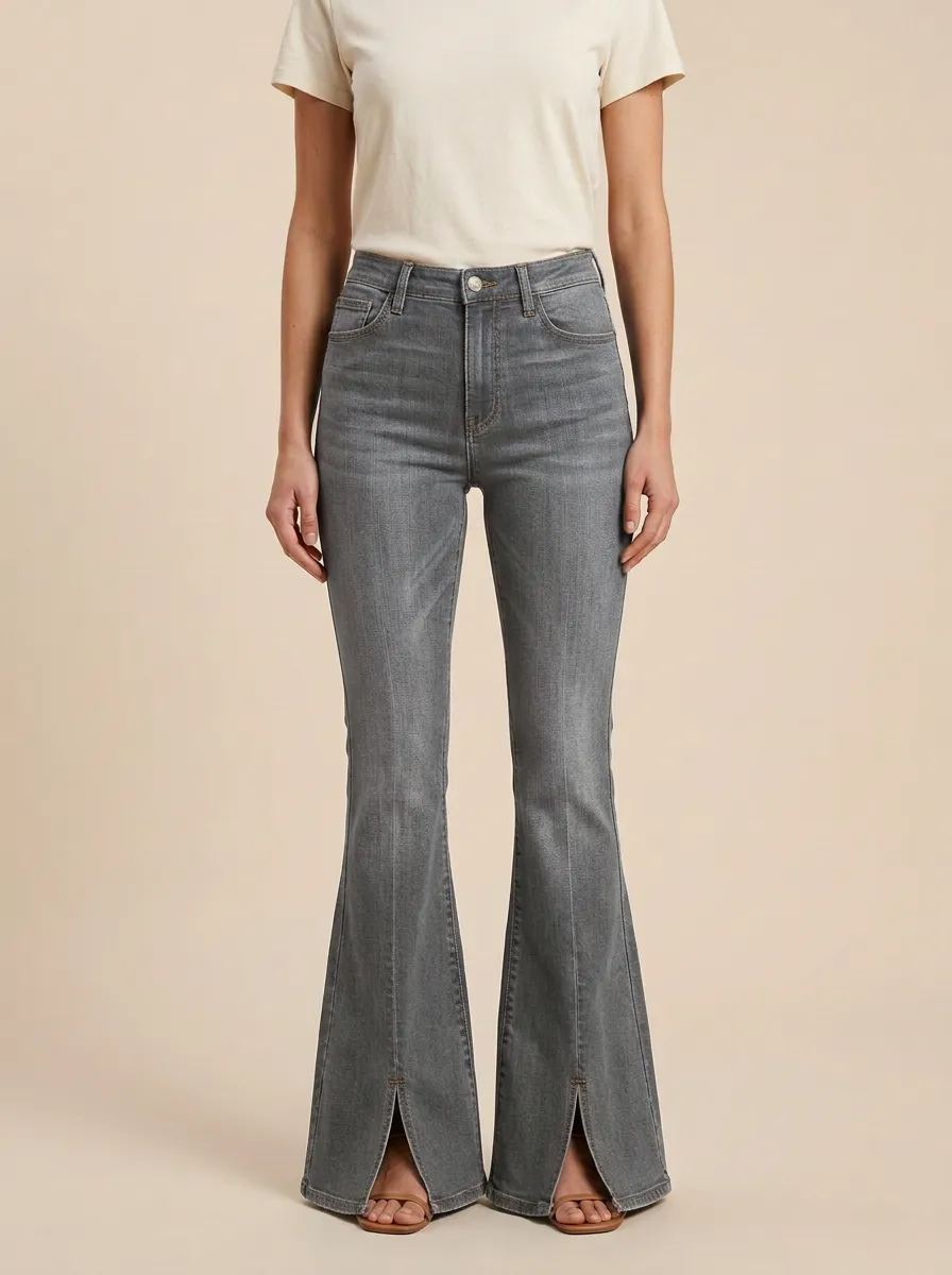 Split Hem Faded Finish Printed Detail Flare Jeans