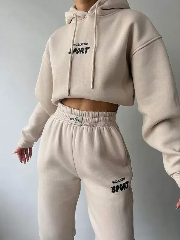 Casual fleece long-sleeved printed hoodie pant suit
