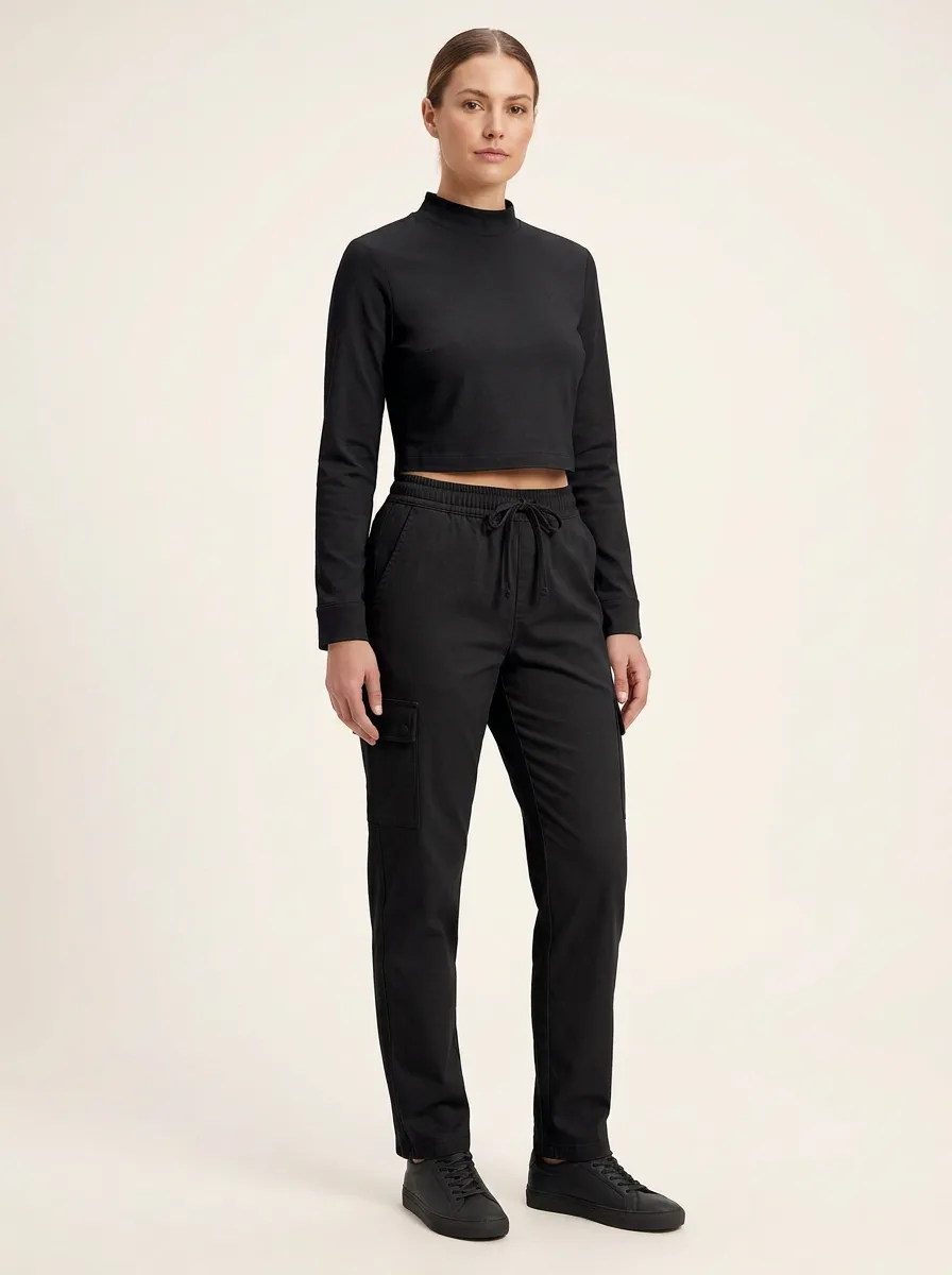 Women's Mock-Neck Crop Top and Drawstring Straight-Leg Cargo Pant Set