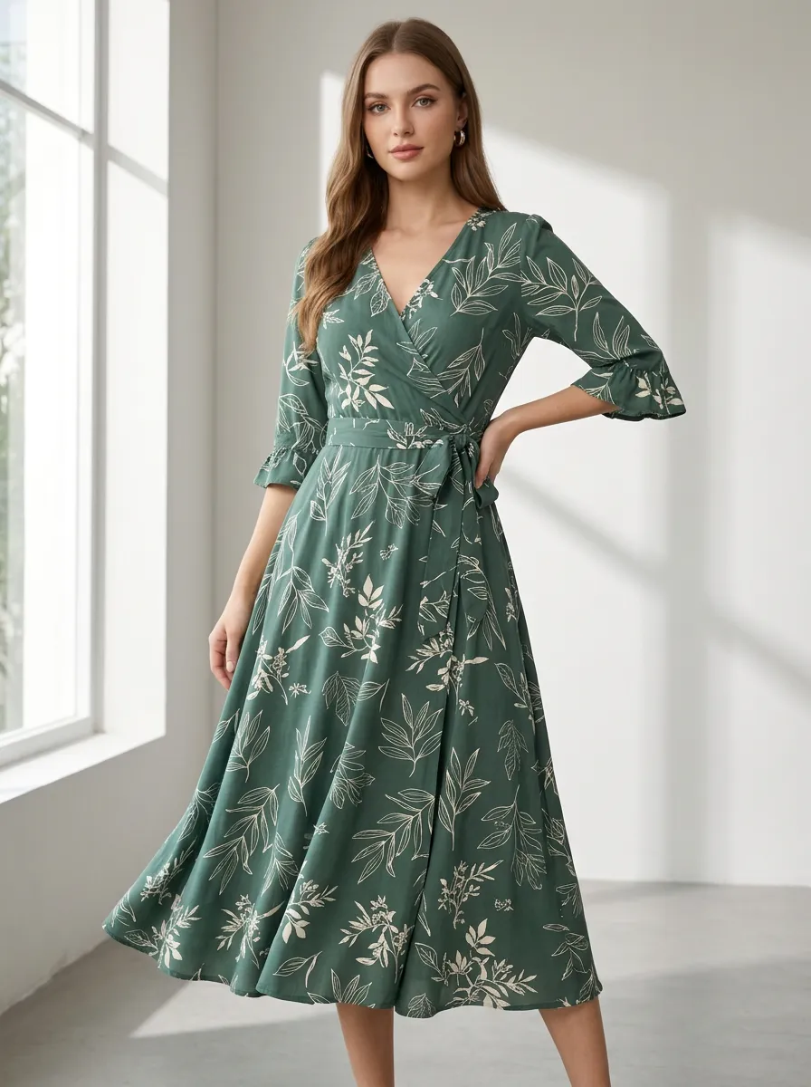Women's Daily Wear Botanical Leaf Wrap Printed Dress