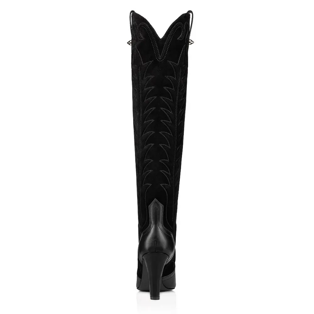 Faux-Suede Faux-Leather Embroidered Pointed-Toe Knee-High Boots