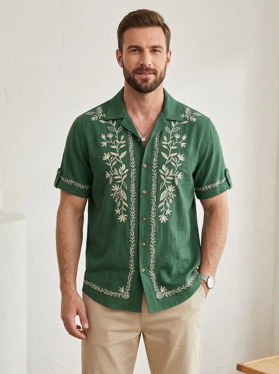 Men's Leisure Floral Embroidered Shirt