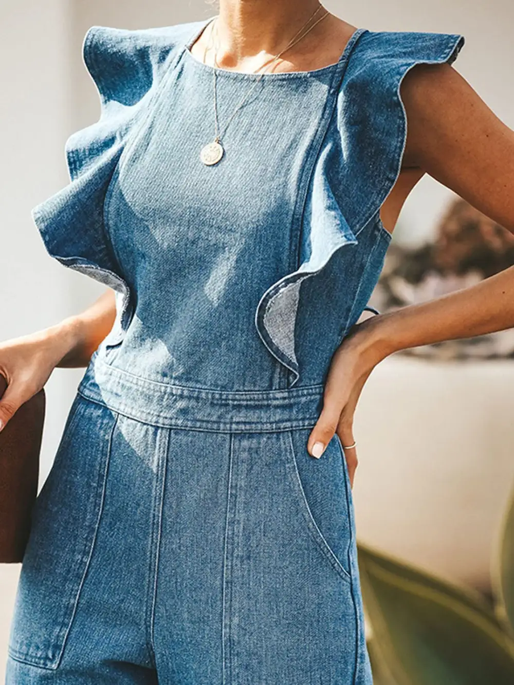 Ruffled Sleeveless Jumpsuit Denim Pants