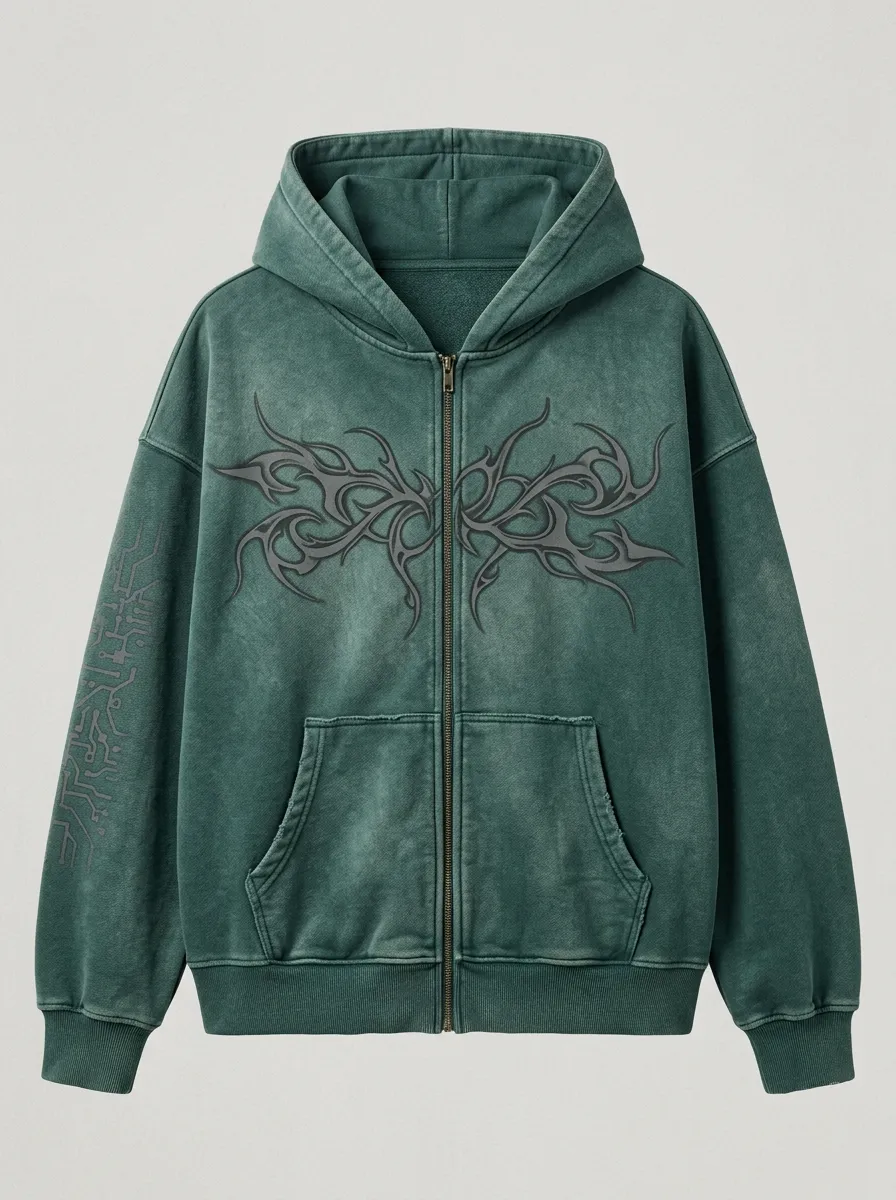Unisex Streetwear Tribal Butterfly Circuit Printed Zip-up Hoodie