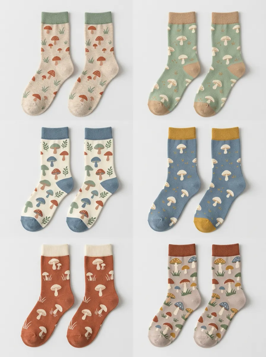 Women's Mushroom Contrast Crew Socks Six Pair Set