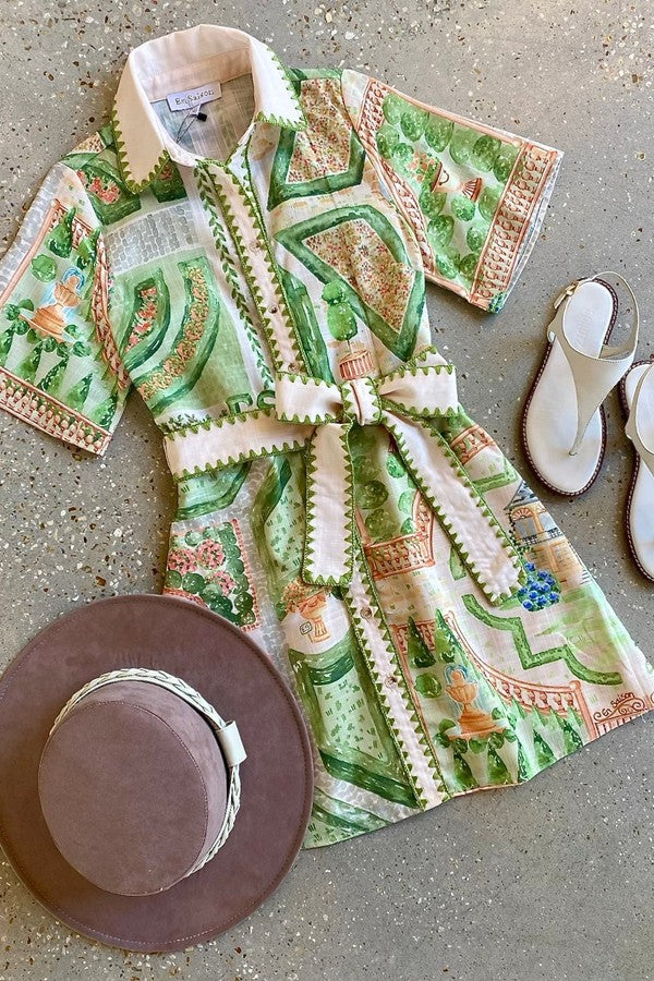 Green Geometric Print Belted Mini Dress
