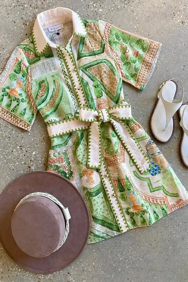 Green Geometric Print Belted Mini Dress