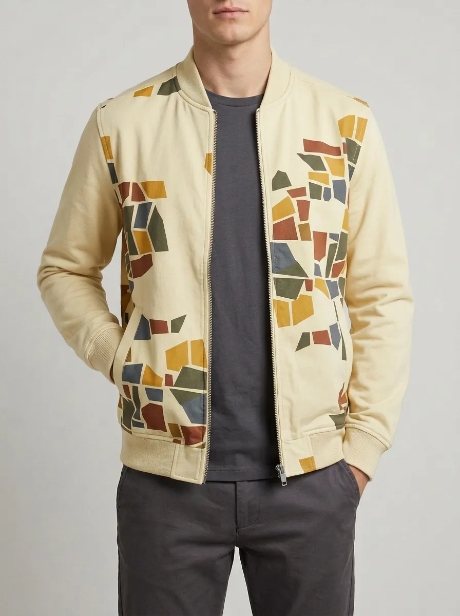 Mosaic Print Ribbed Trim Bomber Jacket