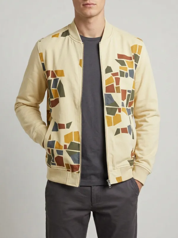 Mosaic Print Ribbed Trim Bomber Jacket