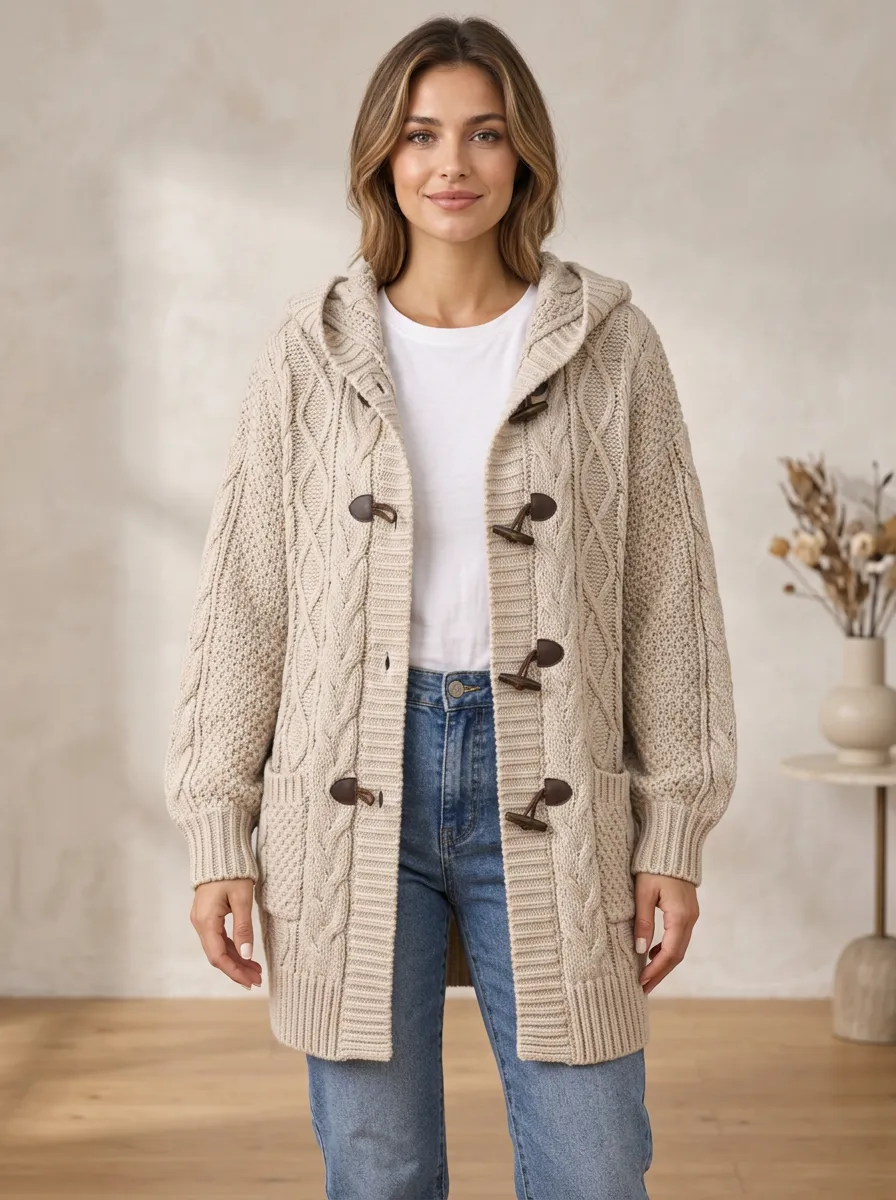 Women's Beige Cable-Knit Toggle Patch-Pocket Hooded Cardigan