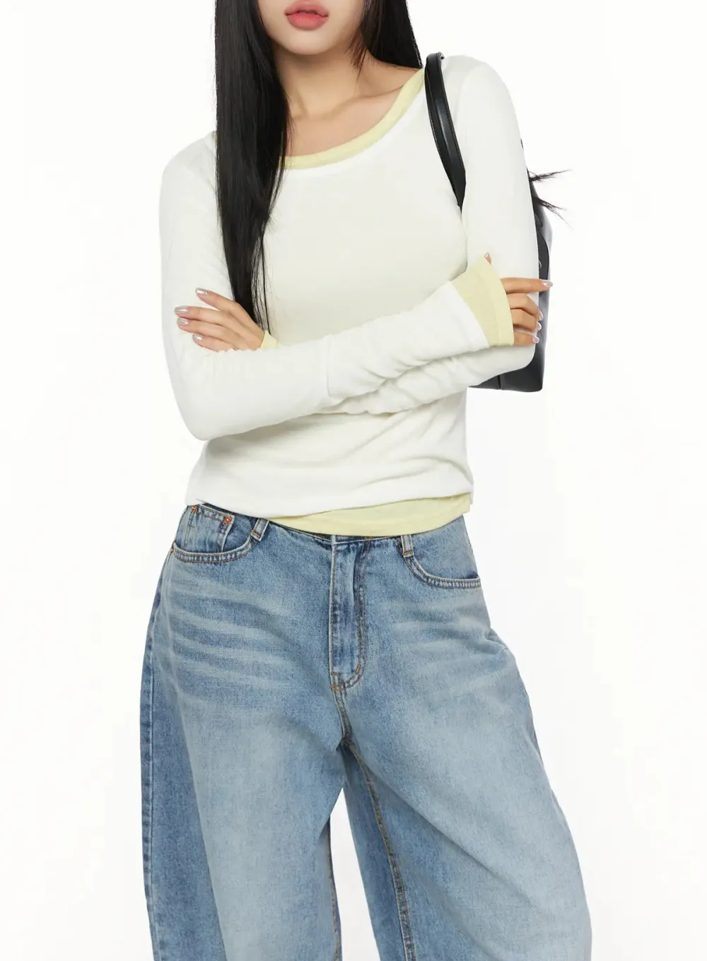 Ribbed U-Neck Long Sleeve Top