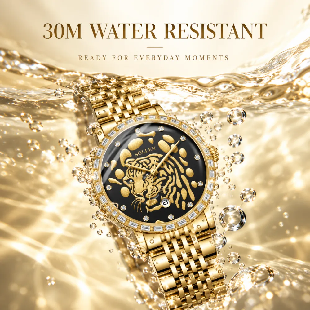 Sollen 9078 Ultra-Thin Automatic Watch - Men's Dress Citizen 9015 Tiger Relief 30 Baguette Bezel 9-Bead Steel Bracelet Wristwatch