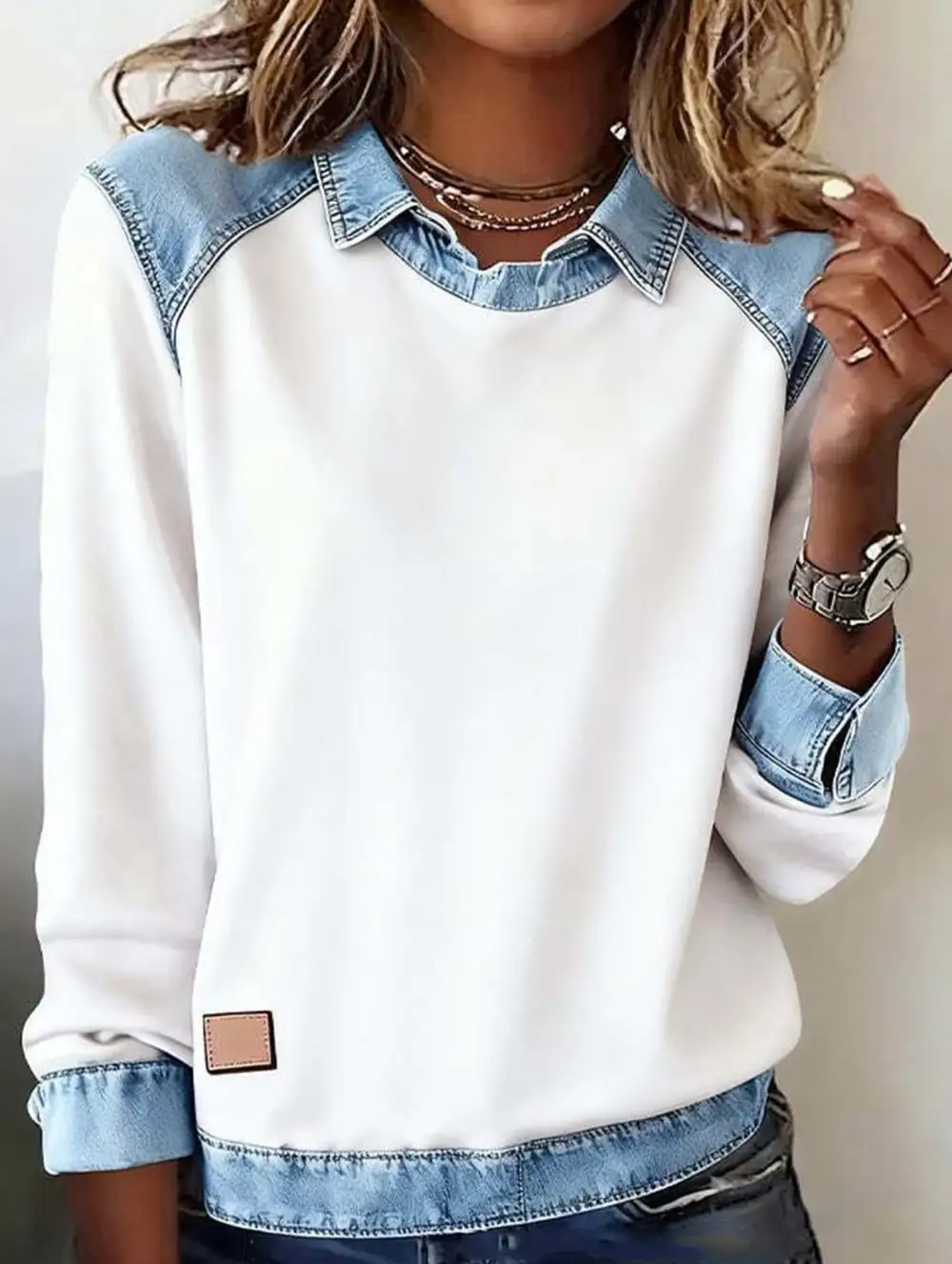 Denim Collar Patchwork Top