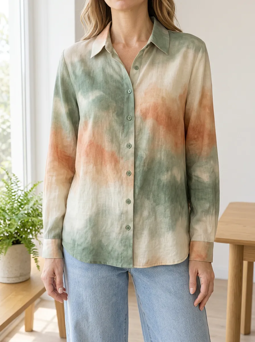 Women's Casual Boho Sage Green Orange Tie-Dye Printed Shirt