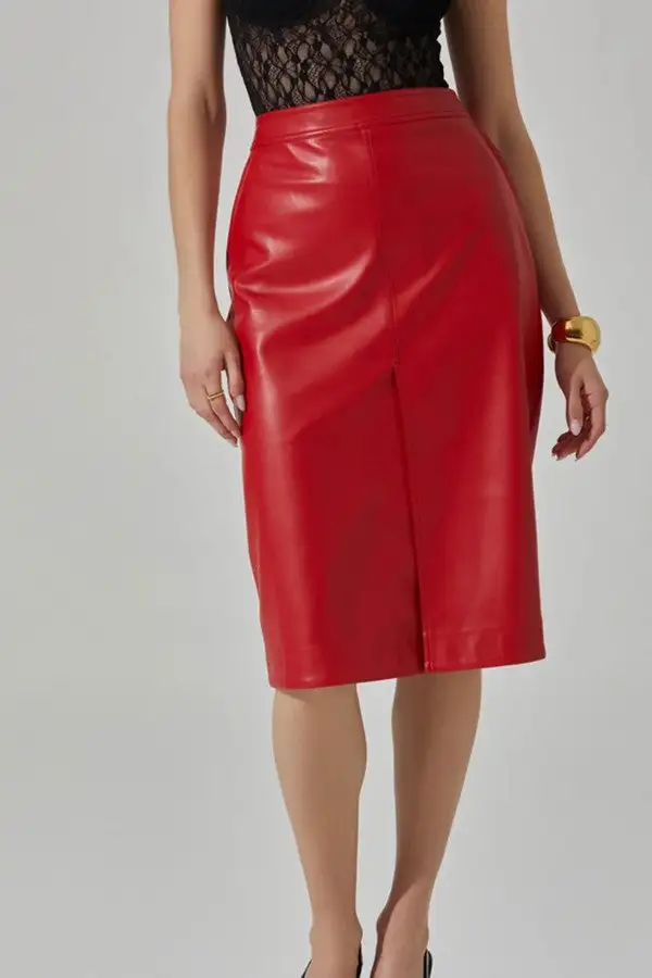 Red Faux Leather Straight Midi Skirt