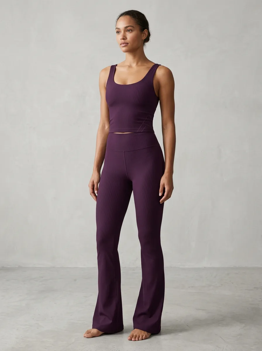 Women's Purple Ribbed Yoga Workout Tank Flare Leggings Set