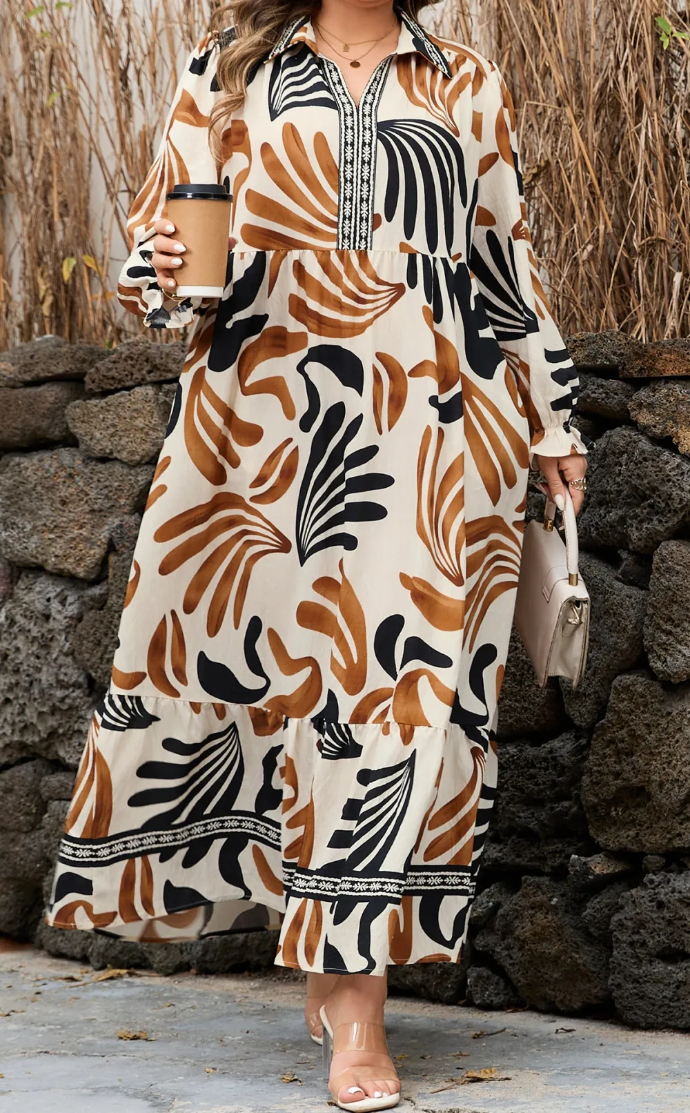 Plus Fit Abstract Print Contrast Collar Split Neck Shift Long Dress