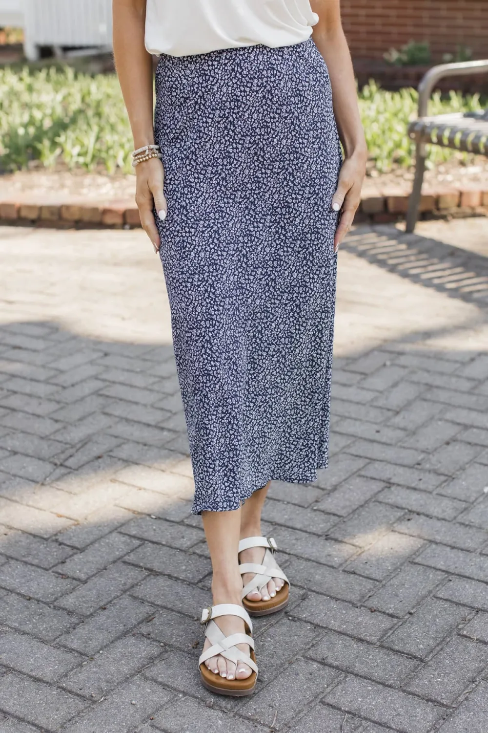 Elastic Waist Floral Midi Everyday Skirt