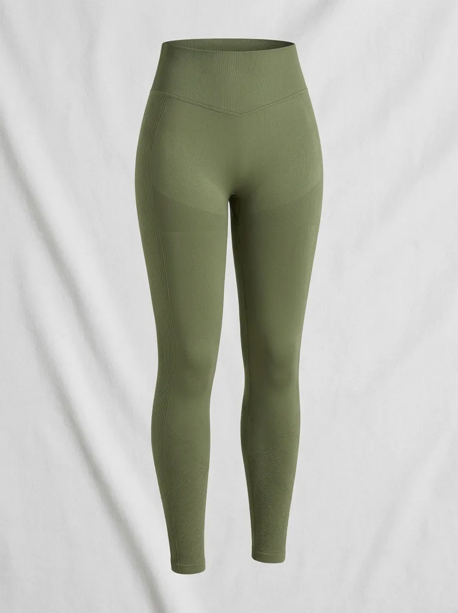 Women's Olive Green Seamless High-Waisted Textured Yoga Leggings