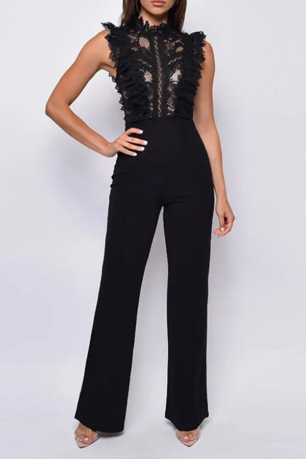 Lace Patchwork Ruffle Sheer Jumpsuit