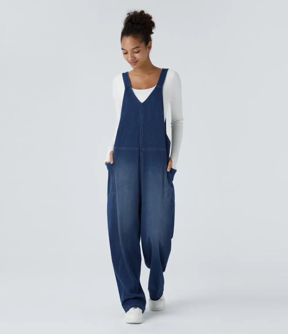 Magic V Neck Side Pocket Washed Stretchy Knit Denim Casual Overalls