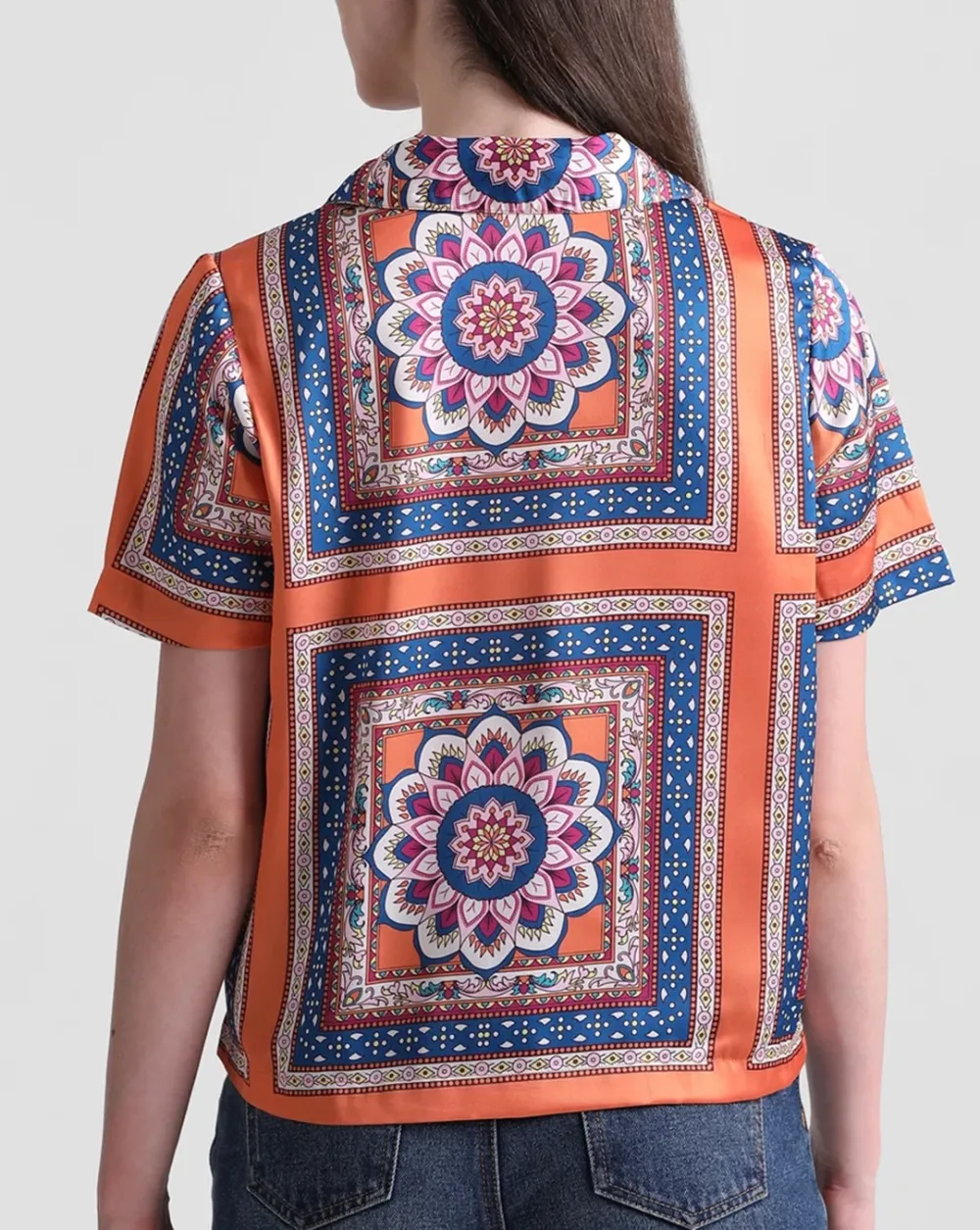 Navy Blue Abstract Print Satin Shirt
