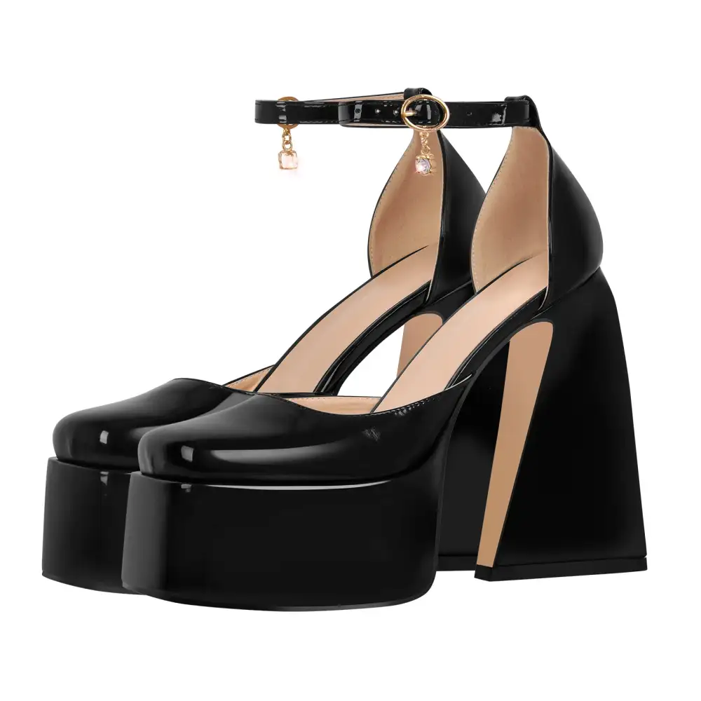 Patent Finish Square Toe Platform Chunky Heel Ankle Strap Pumps