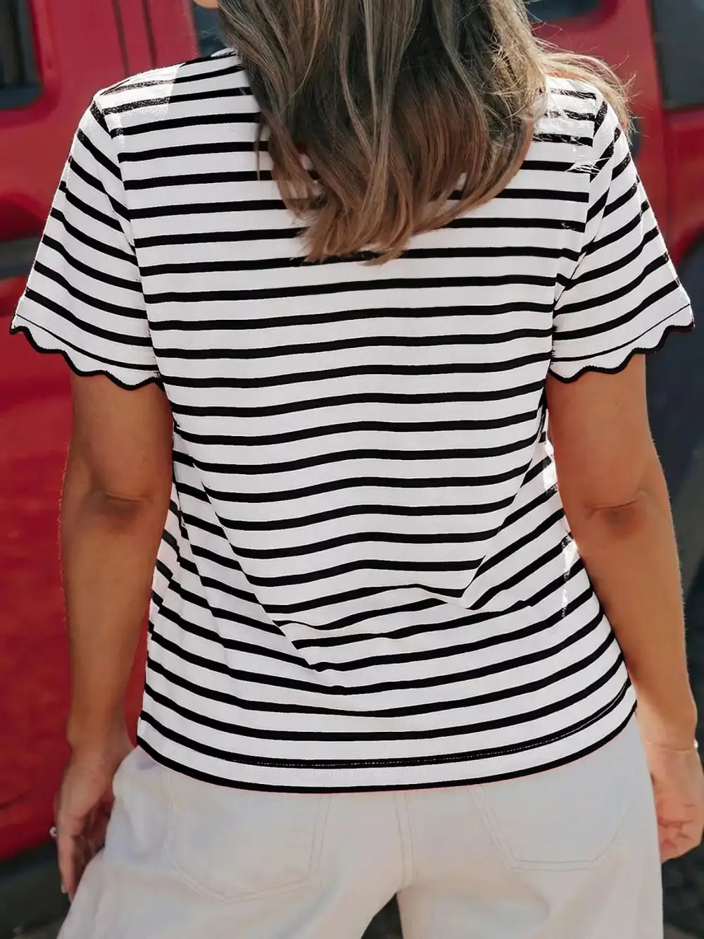 Striped Scallop Trimmed Round Neck T Shirt